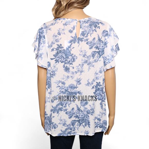 Cupcakes & Cashmere Blue Floral Flutter Sleeve Blouse Cottagecore Top Size M - Picture 5 of 11